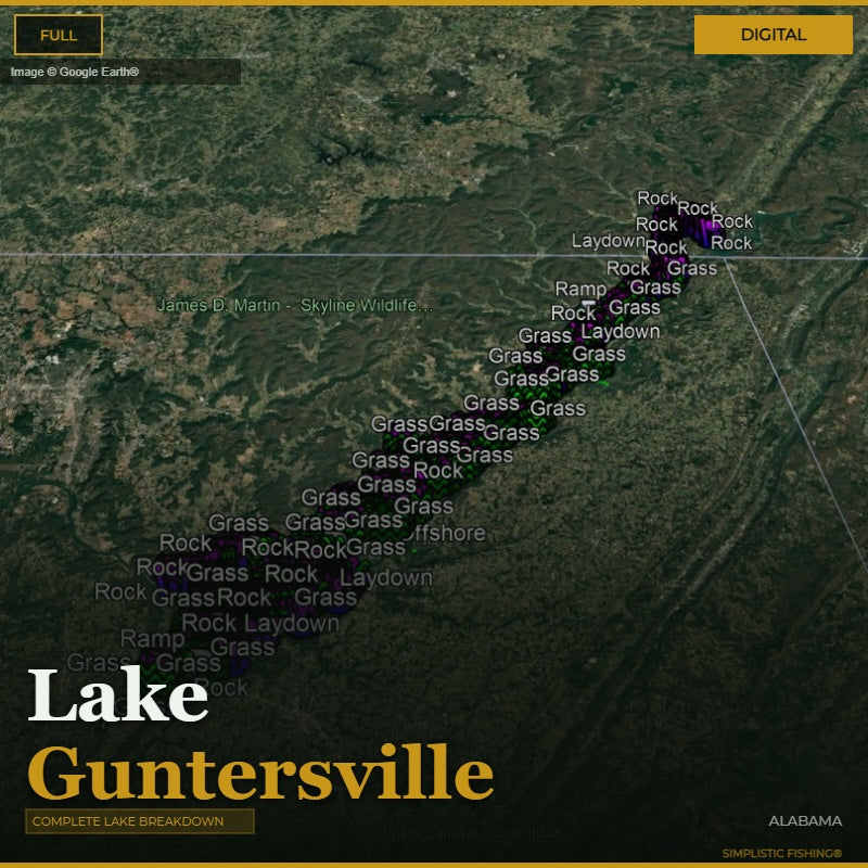 Map of Lake Guntersville with terrain labels and branding.