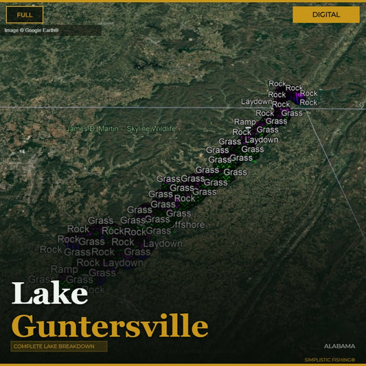 Map of Lake Guntersville with terrain labels and branding.