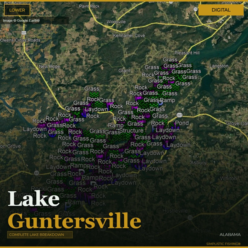 Map of Lake Guntersville with various fishing spots labeled.