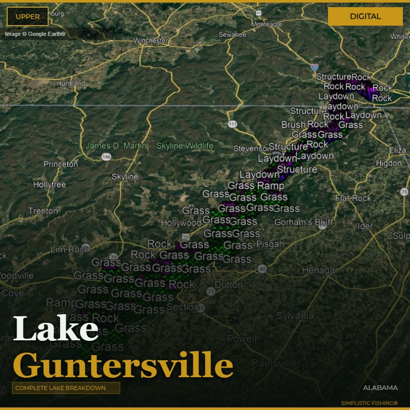 Map of Lake Guntersville with topographic details and labels.