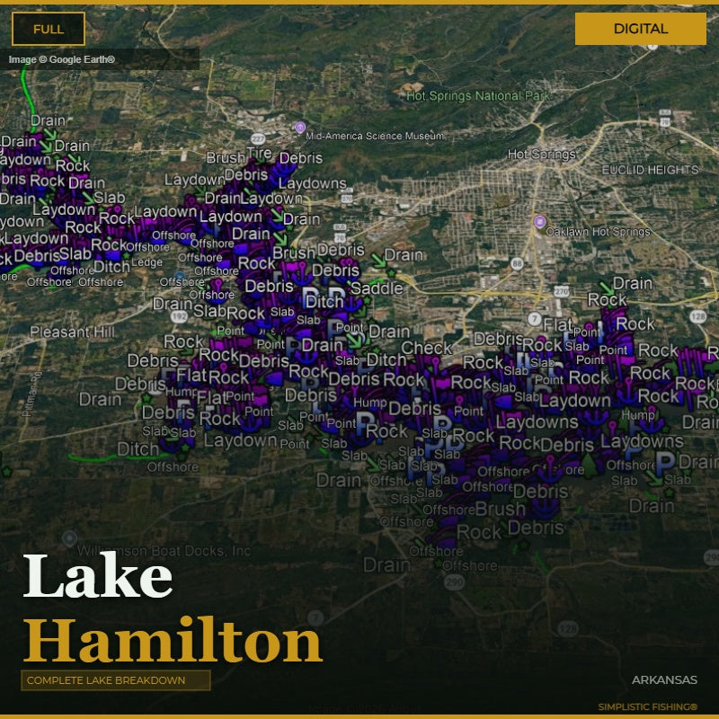 A digital map graphic of Lake Hamilton, Arkansas, showing labeled debris and rock points across the lake with text reading 'Lake Hamilton' and 'Complete Lake Breakdown.'.