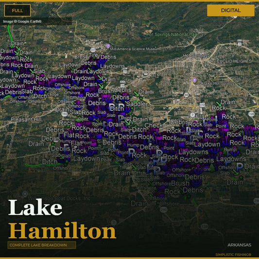 A digital map graphic of Lake Hamilton, Arkansas, showing labeled debris and rock points across the lake with text reading 'Lake Hamilton' and 'Complete Lake Breakdown.'.