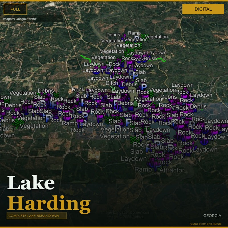 Map of Lake Harding with various fishing spots labeled on a digital display.