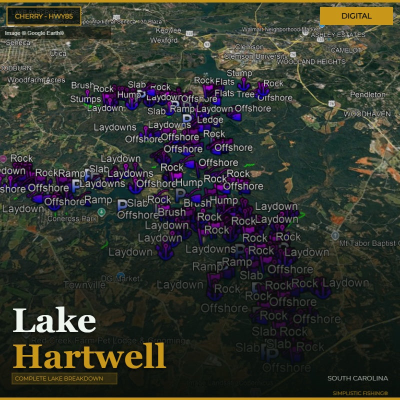 Map of Lake Hartwell with fishing spots marked on a digital interface