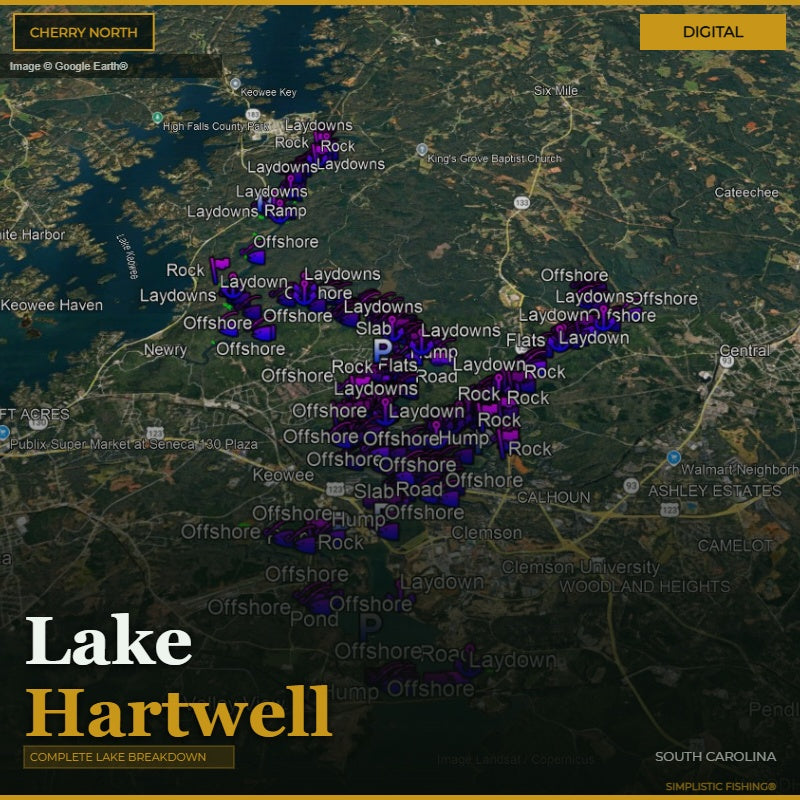 Map of Lake Hartwell with fishing laydowns marked on a digital display.