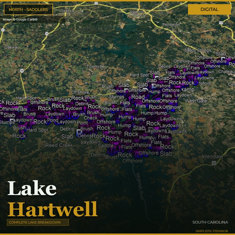 Map of Lake Hartwell with fishing spots labeled, showing a digital interface.
