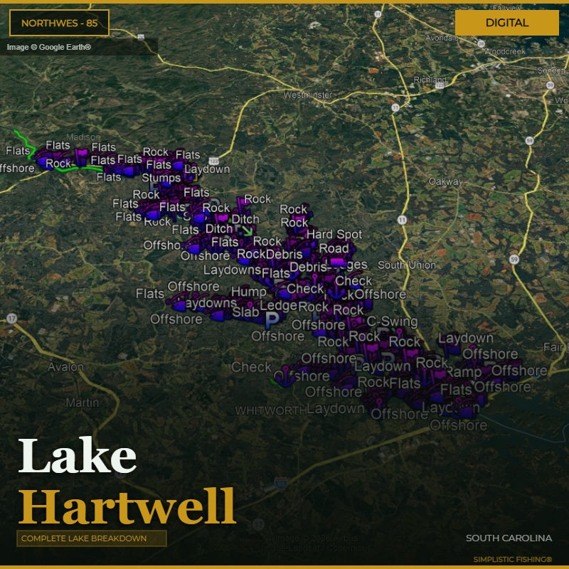 Map of Lake Hartwell with fishing spots marked on a digital display.