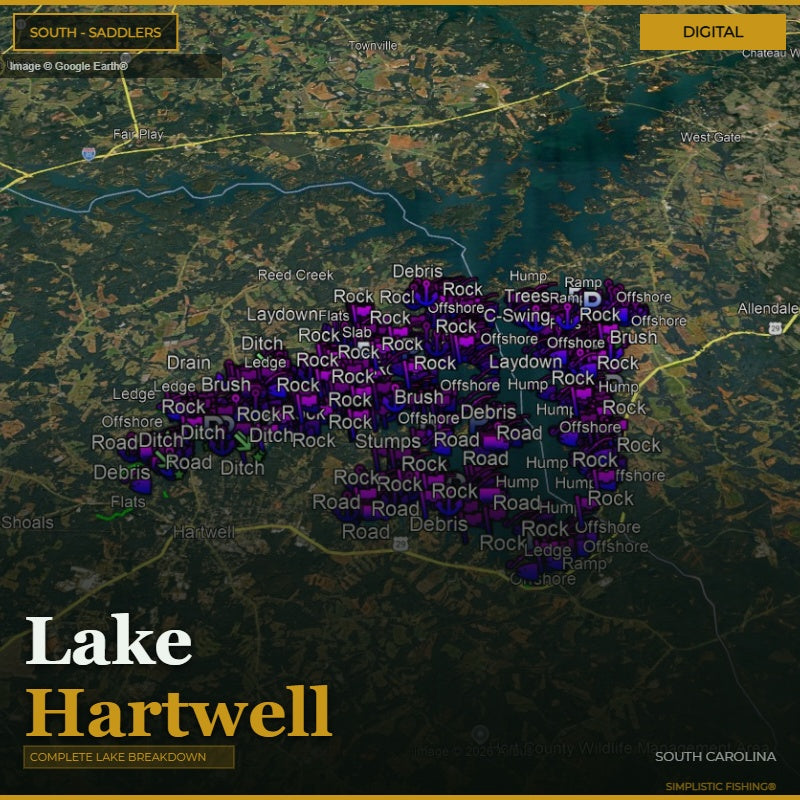Map of Lake Hartwell with fishing spots labeled on a digital display.