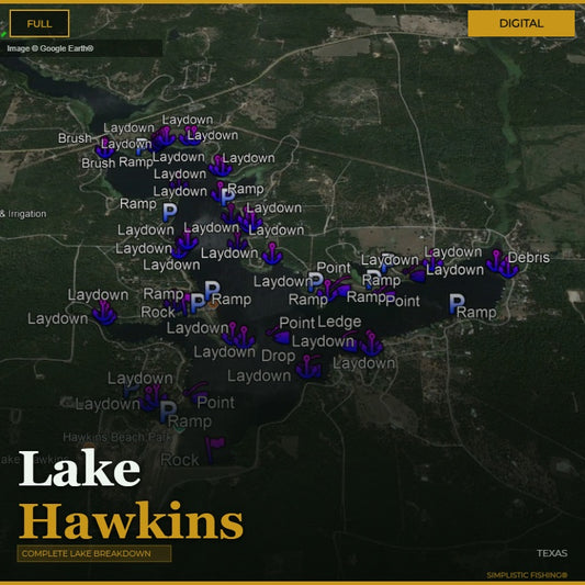 Map of Lake Hawkins with various fishing spots marked on a digital display.