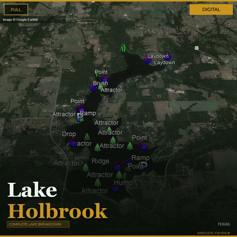 Map of Lake Holbrook with various fishing spots labeled on a digital interface.