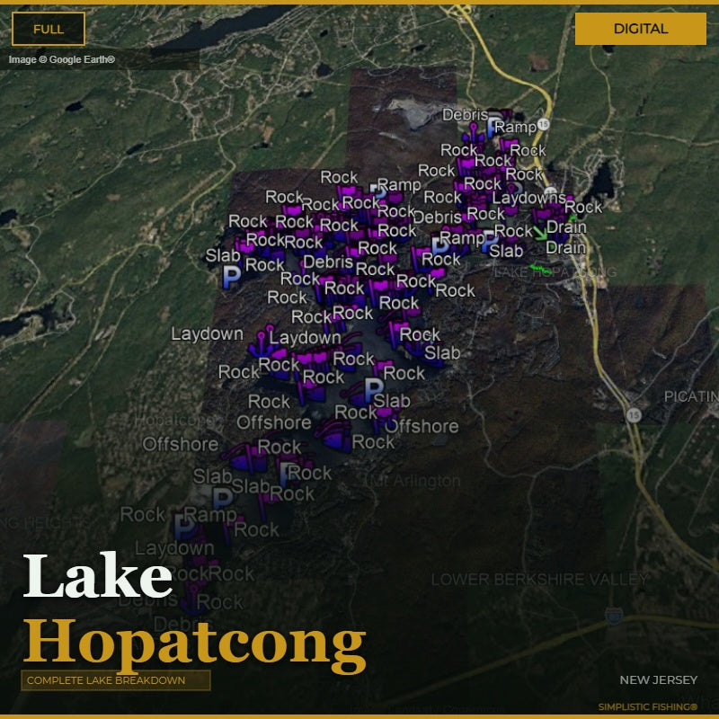 Map of Lake Hopatcong with fishing spots marked on a digital display.