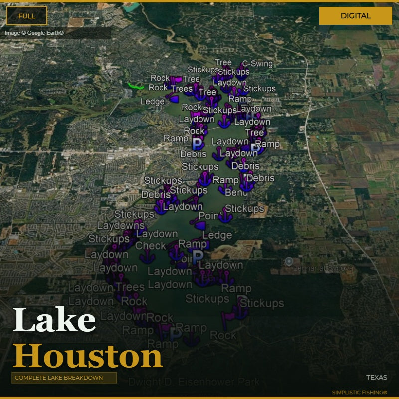 Map of Lake Houston with various fishing spots marked on a digital interface.