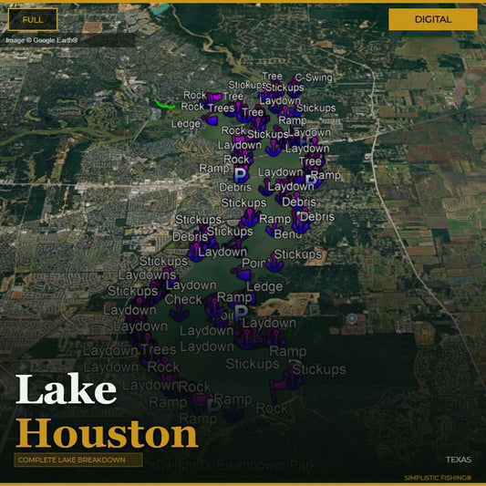Map of Lake Houston with various fishing spots marked on a digital interface.