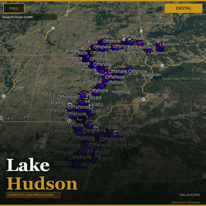 Map of Lake Hudson with fishing spots marked on a digital display.