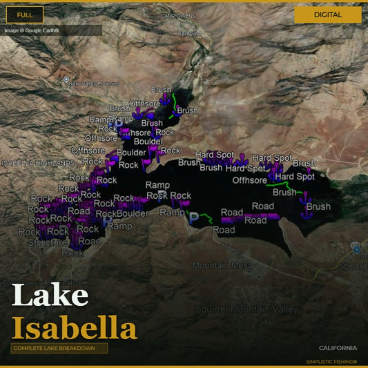 Map of Isabella Lake with GPS fishing waypoints marked on a digital display