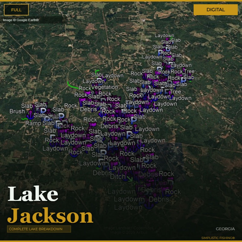 Map of Lake Jackson with fishing spots labeled on a digital display.