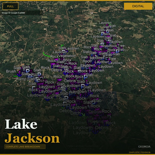Map of Lake Jackson with fishing spots labeled on a digital display.