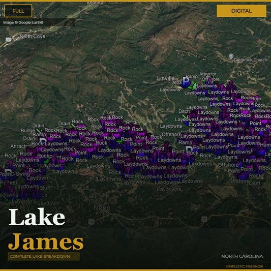 Digital map of Lake James, North Carolina with Simplistic Fishing bass fishing waypoints marked — brush piles, rock, offshore structure and creek channels over satellite imagery.