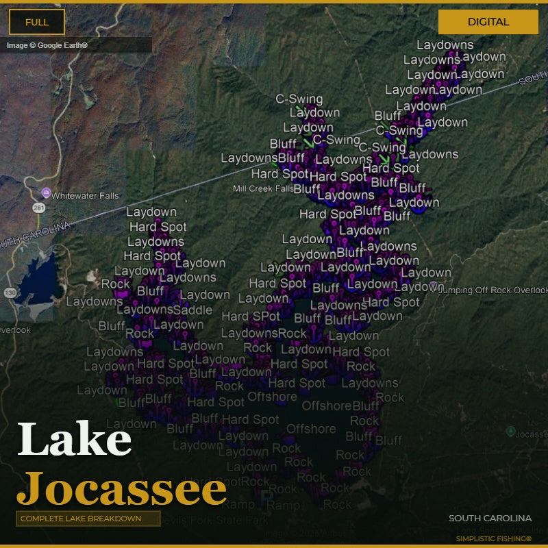 Map of Lake Jocassee with fishing spots labeled on a digital interface