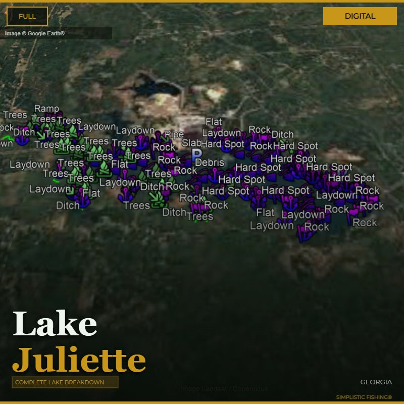 Map of Lake Juliette with fishing spots labeled on a digital display.