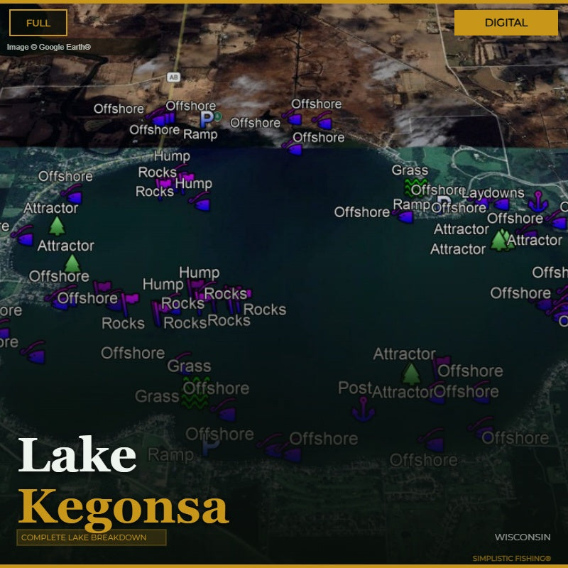 Map of Lake Kegonsa with fishing markers and labels on a digital interface.