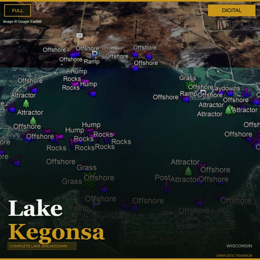 Map of Lake Kegonsa with fishing markers and labels on a digital interface.