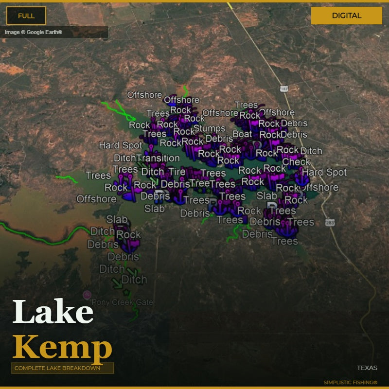 Map of Lake Kemp with various markers indicating obstacles and features.
