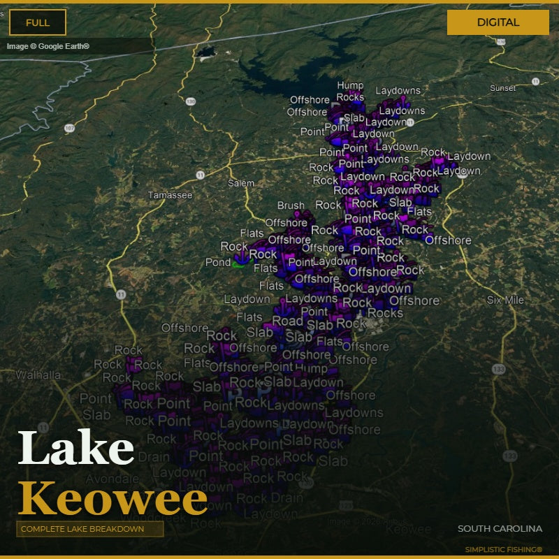 Map of Lake Keowee with fishing spots marked on a digital display.