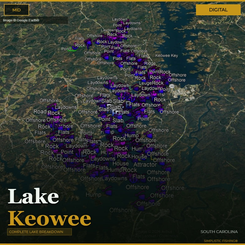 Map of Lake Keowee with fishing spots marked on a digital interface