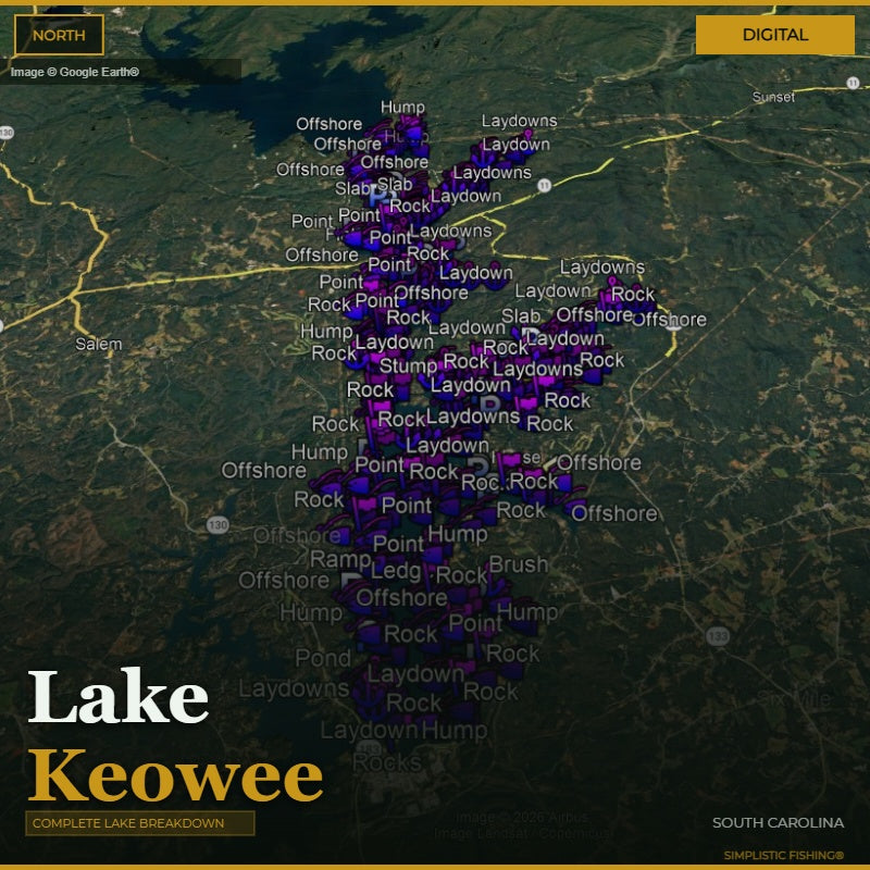 Map of Lake Keowee with fishing laydowns and points marked on a digital display.