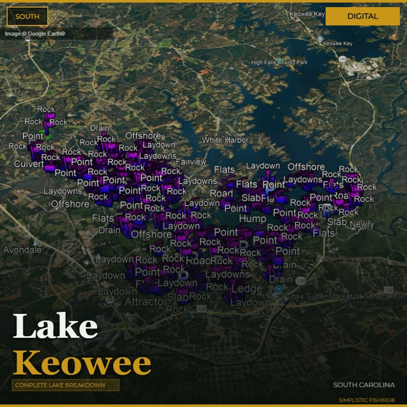 Map of Lake Keowee with fishing points labeled on a digital display.