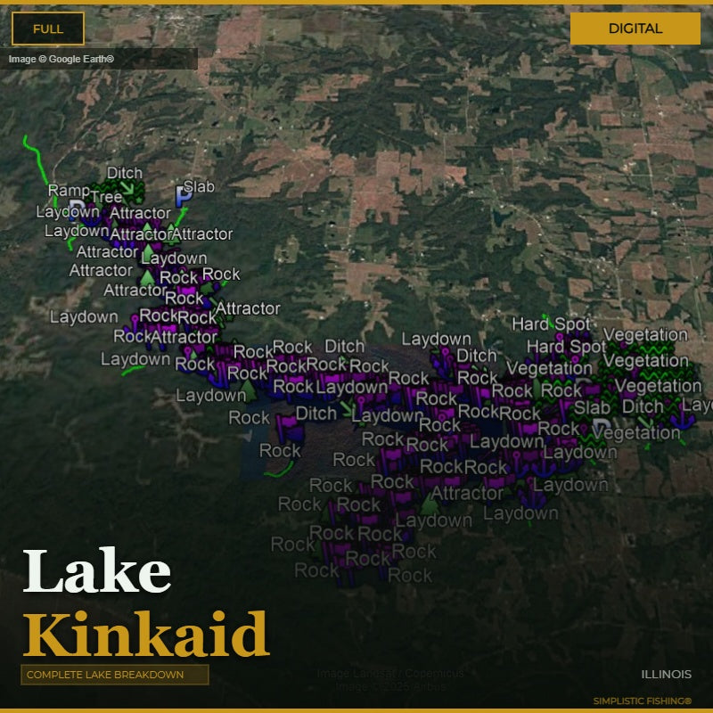 Map of Lake Kinkaid with various fishing spots labeled on a digital display.