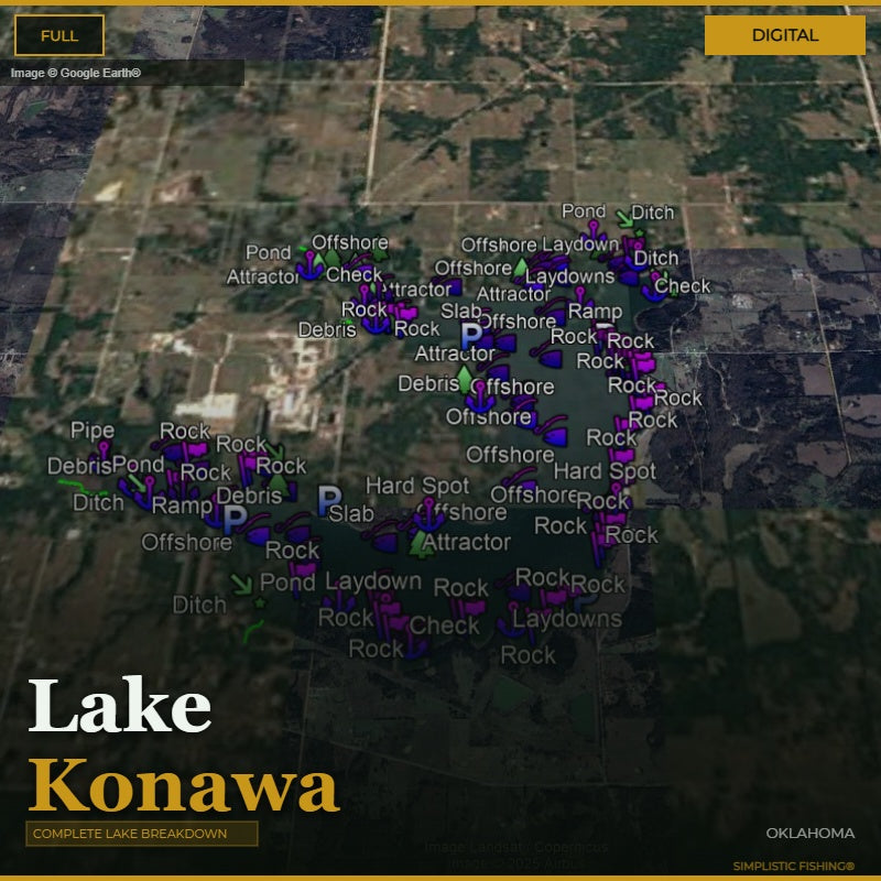 Map of Lake Konawa with fishing spots marked on a digital overlay