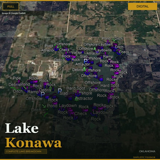 Map of Lake Konawa with fishing spots marked on a digital overlay