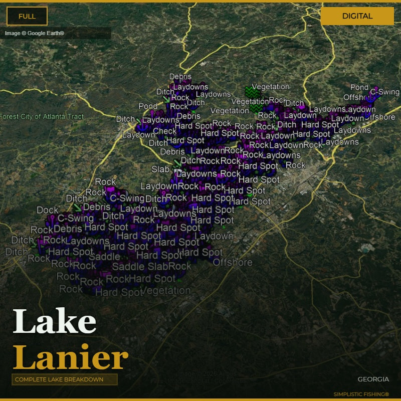 Map of Lake Lanier with fishing spots marked on a digital display.