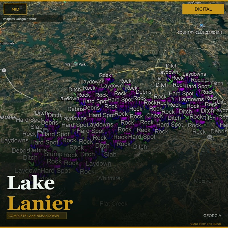 Map of Lake Lanier with fishing spots marked on a digital interface.
