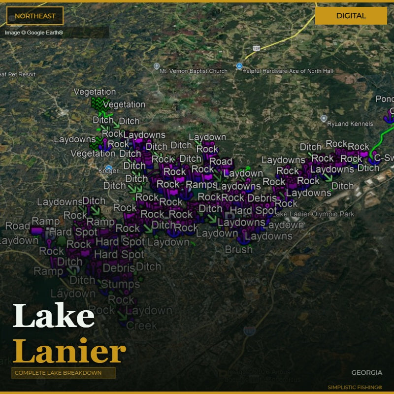 Map of Lake Lanier with fishing spots marked on a digital display.