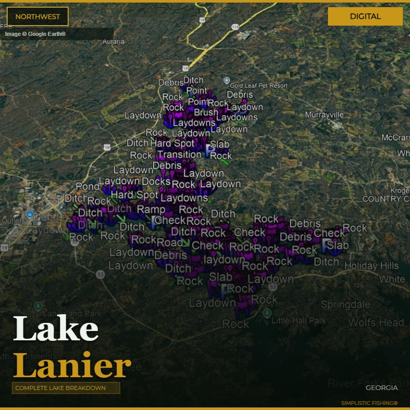 Map of Lake Lanier with various fishing spots marked on a digital display.