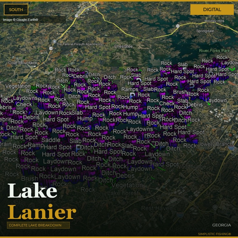 Map of Lake Lanier with various fishing spots labeled on a digital interface.