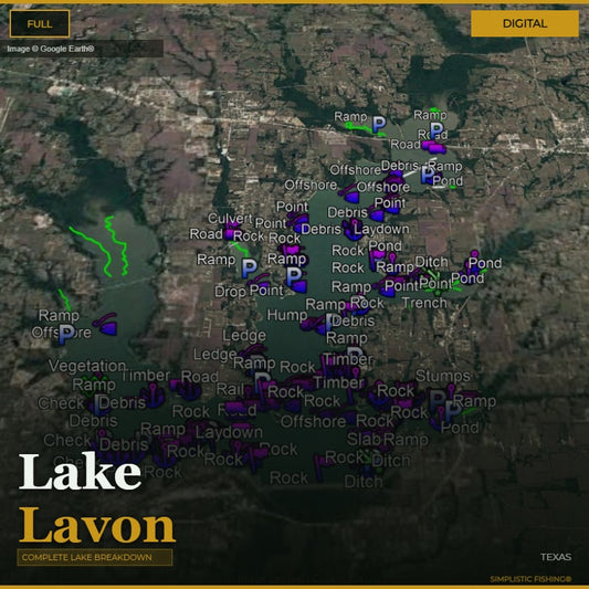 Map of Lake Lavon with various markers indicating different features