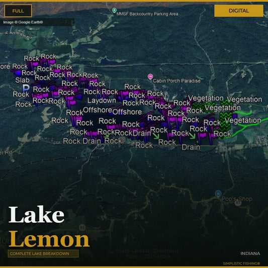 Map of Lake Lemon with various fishing spots labeled on a digital interface.