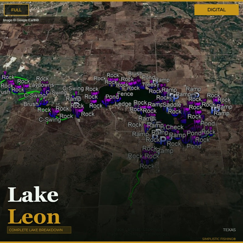 Map of Lake Leon with fishing features labeled on a digital display.