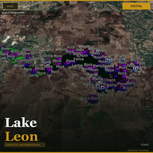 Map of Lake Leon with fishing features labeled on a digital display.