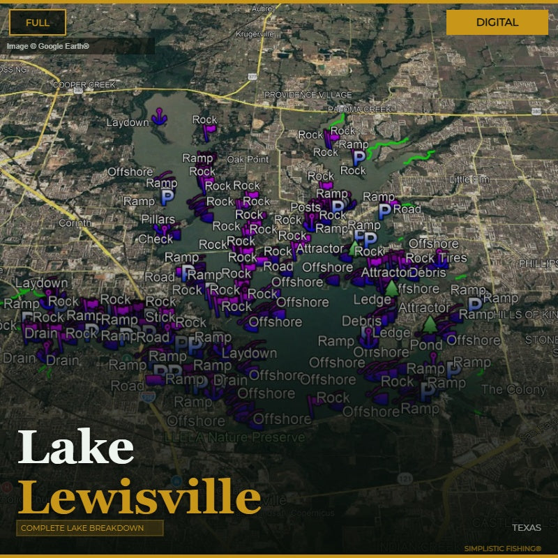 Map of Lake Lewisville with fishing spots marked on a digital display.