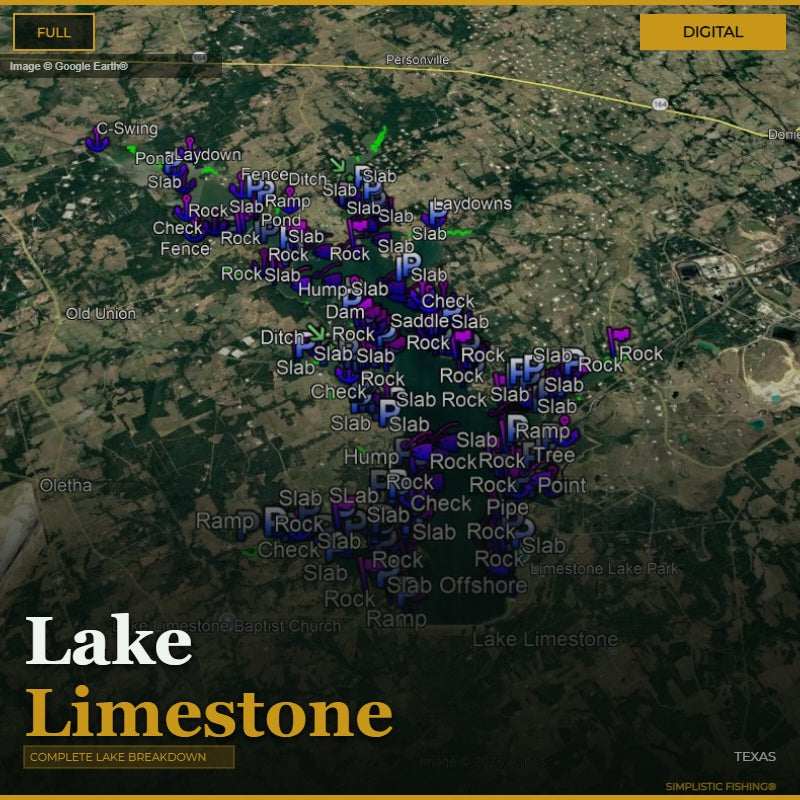 Map of Lake Limestone with various fishing spots labeled on a digital interface.