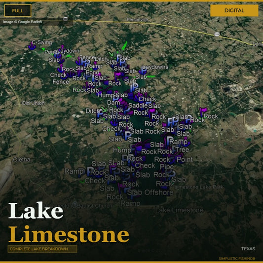 Map of Lake Limestone with various fishing spots labeled on a digital interface.
