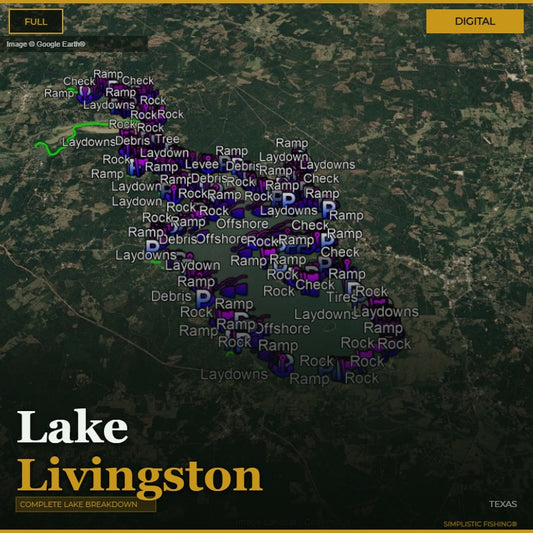 Map of Lake Livingston with various markers indicating hazards and features.