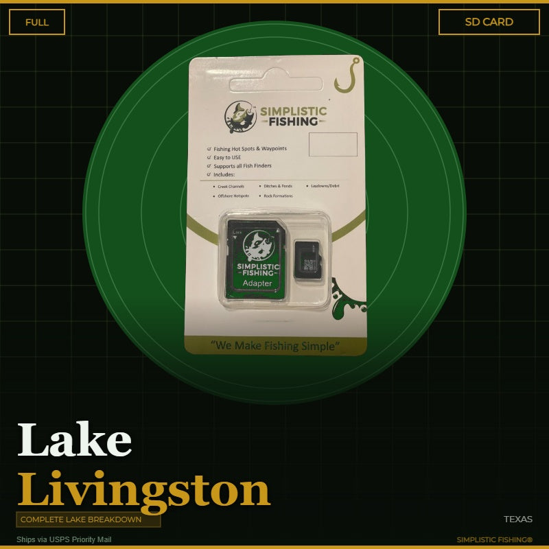 Packaged Simplistic Fishing product on a green circle with 'Lake Livingston' text.