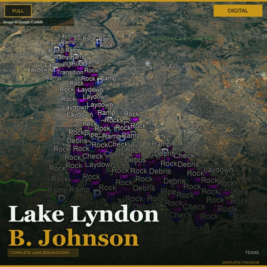 Map of Lake Lyndon B. Johnson with various markers and text on a digital display.