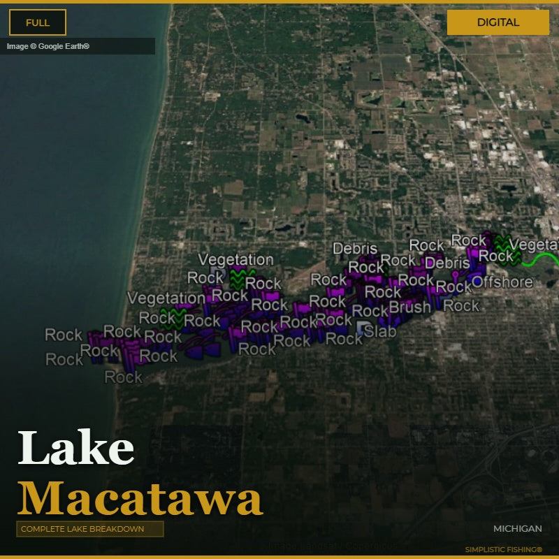 Satellite map of Lake Macatawa with environmental data points labeled.